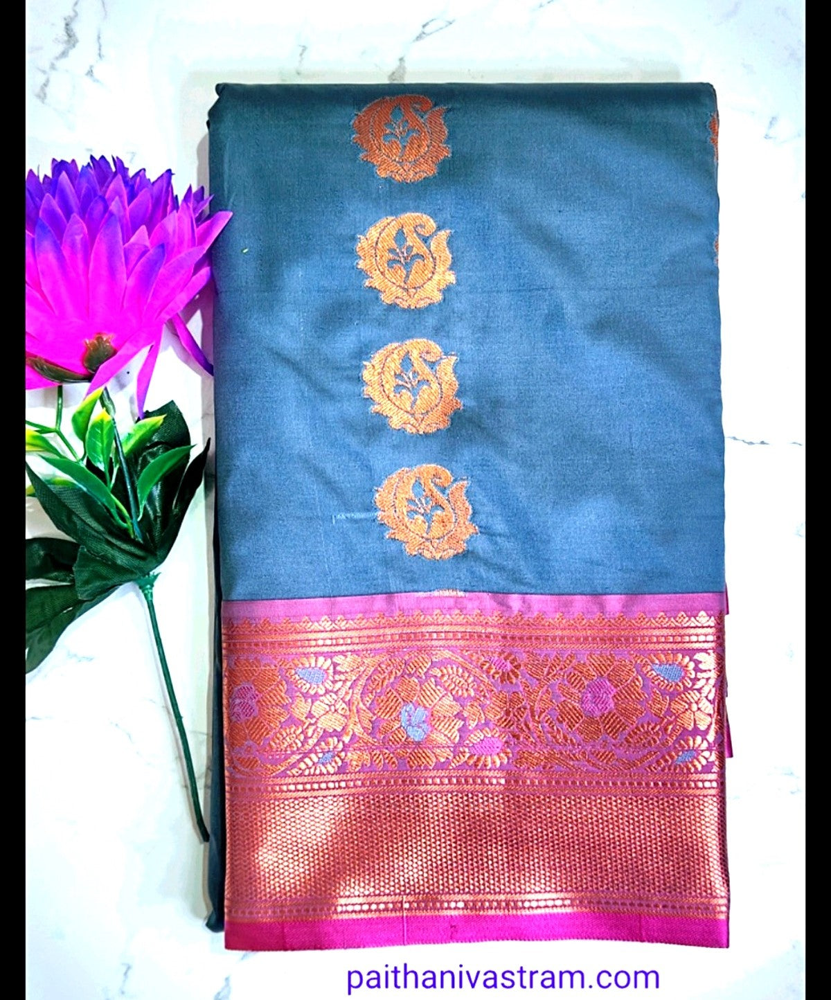 Semi Paithani Silk Saree with Golden Butta Border