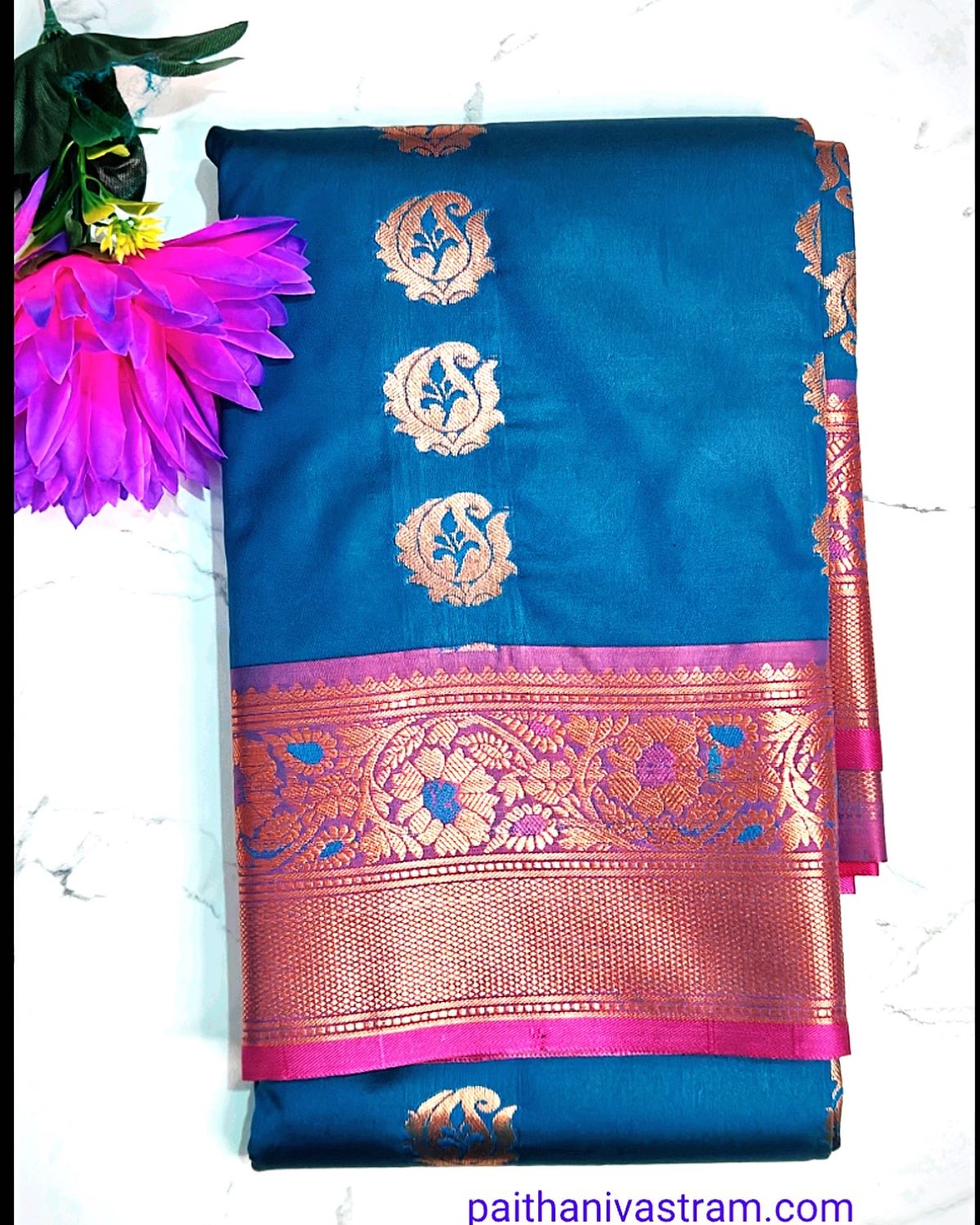 Semi Paithani Silk Saree with Golden Butta Border